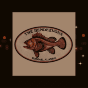 Logo for The Rendezvous in Kodiak, Alaska, featuring an illustrated fish inside an oval frame, set against a brown background with gold and amber bokeh lights.