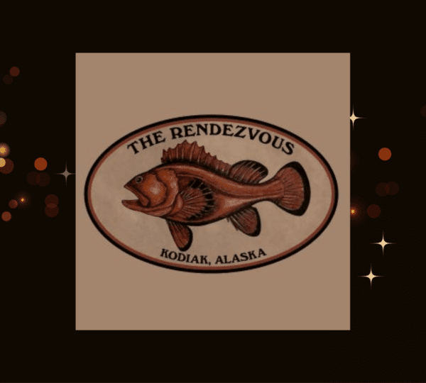 Logo for The Rendezvous in Kodiak, Alaska, featuring an illustrated fish inside an oval frame, set against a brown background with gold and amber bokeh lights.
