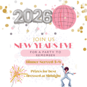 Festive New Years Eve party invitation for 2026 with gold confetti, balloon numbers, pink disco ball, dancing figure, and text highlighting dinner from 5-9 and prizes for best dressed at midnight.