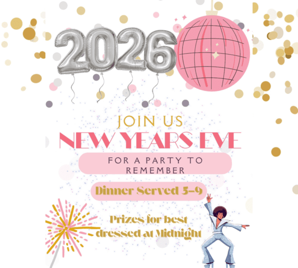 Festive New Years Eve party invitation for 2026 with gold confetti, balloon numbers, pink disco ball, dancing figure, and text highlighting dinner from 5-9 and prizes for best dressed at midnight.