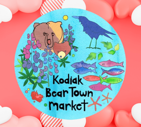 A colorful illustration of a bear, a raven, flowers, and fish with the text Kodiak Bear Town market on a blue circle, set against a red background decorated with white and striped heart shapes.