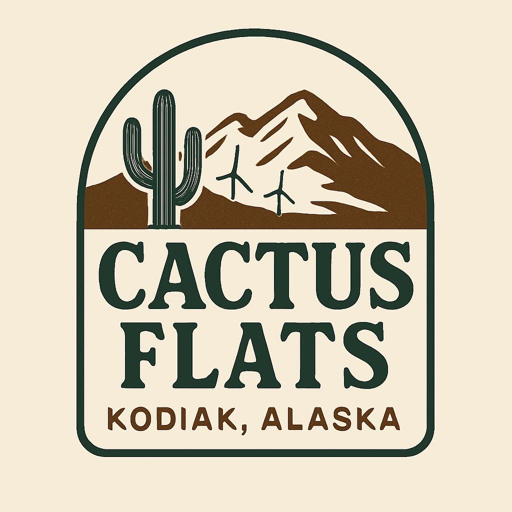 A logo with a cactus, mountains, and wind turbines above the words “Cactus Flats” and “Kodiak, Alaska” in bold letters, all on a beige background.