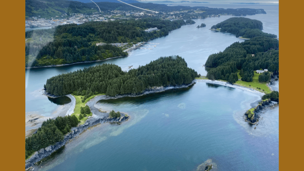 Aerial view of a lush, forested island surrounded by calm blue water, as seen on a Sea Hawk Air Kodiak tour. The coastline, inlets, and distant town are visible under an overcast sky amid the green, mountainous landscape.