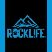 A blue graphic logo with stylized mountains above the word ROCKLIFE in bold, distressed blue text, featuring a bear paw print inside the letter O, all set on a black background with blue borders on each side.