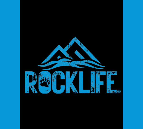 A blue graphic logo with stylized mountains above the word ROCKLIFE in bold, distressed blue text, featuring a bear paw print inside the letter O, all set on a black background with blue borders on each side.