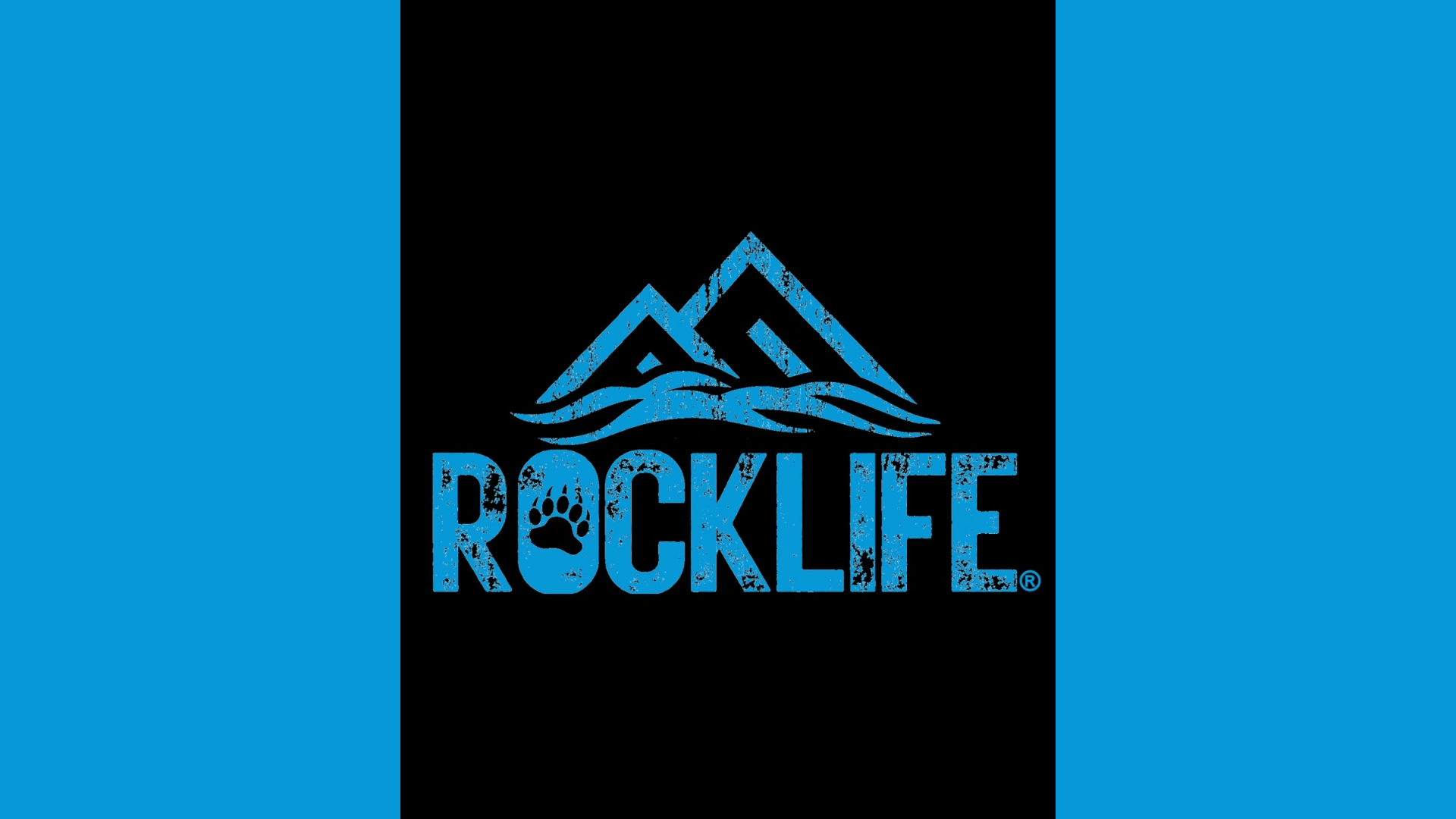 A blue graphic logo with stylized mountains above the word ROCKLIFE in bold, distressed blue text, featuring a bear paw print inside the letter O, all set on a black background with blue borders on each side.