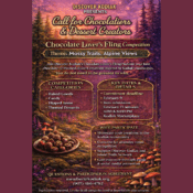 An event flyer with a forest and mushroom scene invites chocolatiers and dessert makers to join the Chocolate Lover’s Fling competition, themed “Mossy Trails, Alpine Views,” with details on categories, dates, and participation.