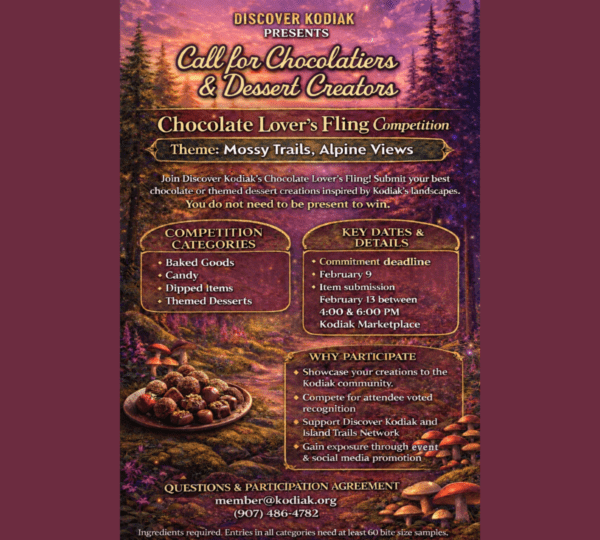 An event flyer with a forest and mushroom scene invites chocolatiers and dessert makers to join the Chocolate Lover’s Fling competition, themed “Mossy Trails, Alpine Views,” with details on categories, dates, and participation.
