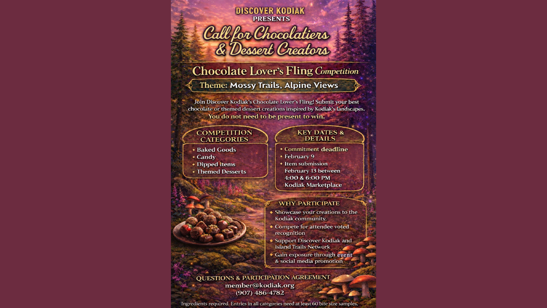 An event flyer with a forest and mushroom scene invites chocolatiers and dessert makers to join the Chocolate Lover’s Fling competition, themed “Mossy Trails, Alpine Views,” with details on categories, dates, and participation.