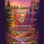 Event poster for the 2026 Chocolate Lovers Fling and Auction Kodiak on February 13 at 7 PM, featuring colorful forest artwork, event details, 45 ticket price, and age 21+ requirement. Hosted by Mossy Trails Alpine Vews at Kodiak Marketplace.