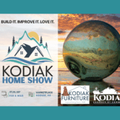 Kodiak Home Show poster with mountain and house logo, event dates Feb 28–Mar 1 at Marketplace, Kodiak, AK. Right side features a mooring buoy on a sunset beach. Includes Kodiak Furniture and Chamber logos. Vendor registration info available.