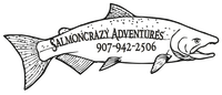 Black and white drawing of a salmon with the text Salmoncrazy Adventures 907-942-2506 written on its side.