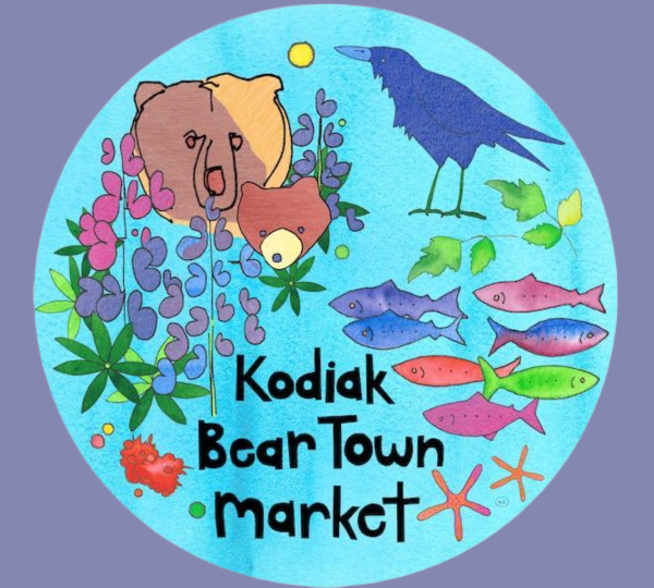 A colorful circular logo with a bear and cub, a blue bird, fish, starfish, flowers, and plants, with the text Kodiak Bear Town Market in black on a blue background.