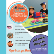 Two children stand behind a table displaying colorful homemade crafts at a business fair. Event details and highlights are listed, with a banner reading “The Rock Children’s Business Fair, May 9th, 2026.”