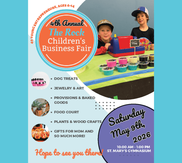 Two children stand behind a table displaying colorful homemade crafts at a business fair. Event details and highlights are listed, with a banner reading “The Rock Children’s Business Fair, May 9th, 2026.”