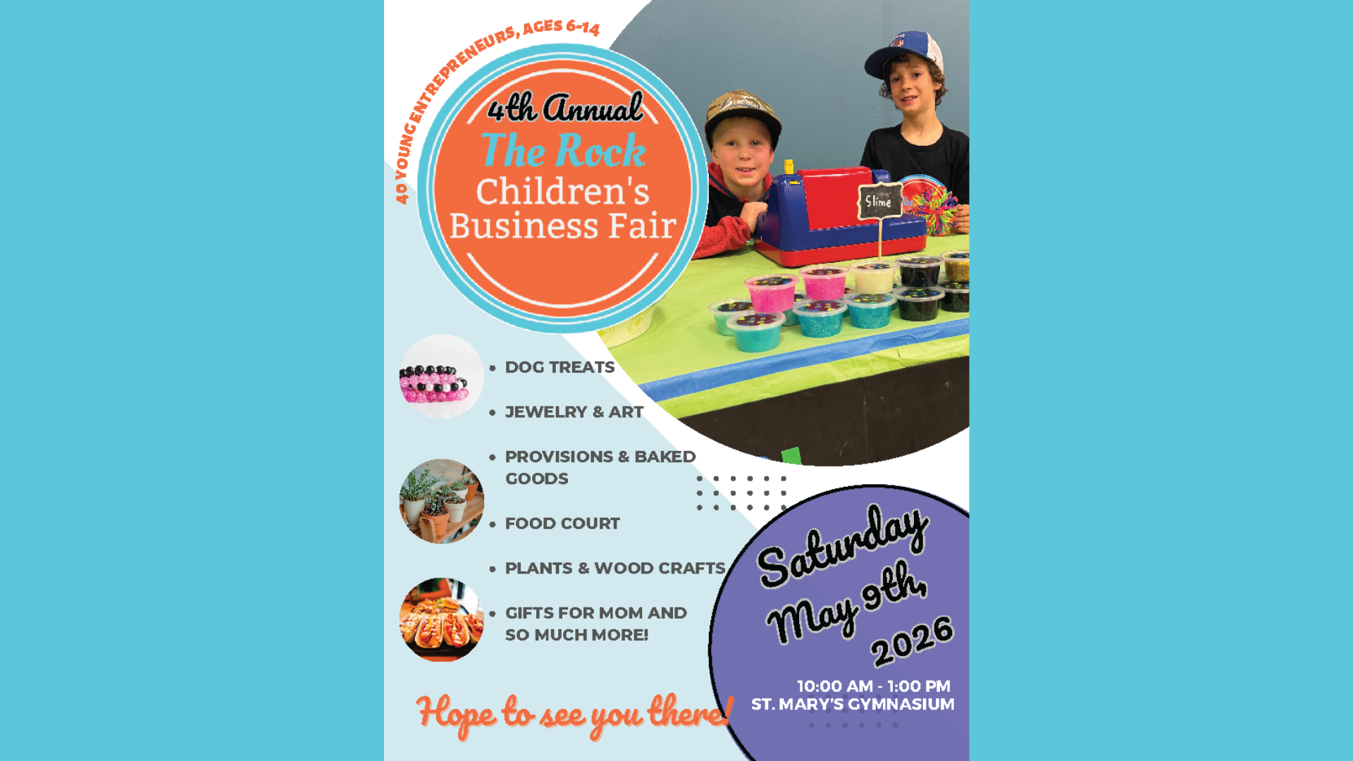 Two children stand behind a table displaying colorful homemade crafts at a business fair. Event details and highlights are listed, with a banner reading “The Rock Children’s Business Fair, May 9th, 2026.”