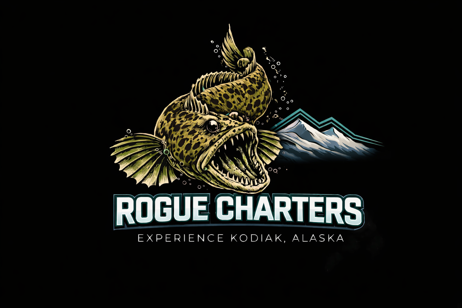 Logo for Rogue Charters featuring an aggressive, wide-mouthed fish with fins spread, bubbles, snowy mountains in the background—perfect for Halibut Salmon Fishing Kodiak Alaska. Text reads: ROGUE CHARTERS - EXPERIENCE KODIAK, ALASKA.