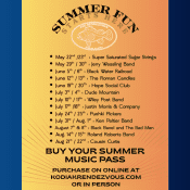 Yellow poster titled Summer Fun Starts Here with a fish logo, listing concert dates and bands from May to August. Info at bottom: “Buy your summer music pass at kodiakrendervous.com or in person.”