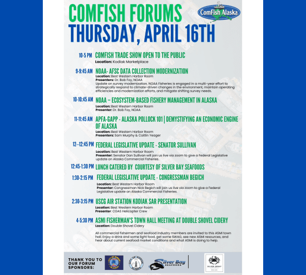 Schedule for ComFish Forums on Thursday, April 16th, listing forum topics, times, and speakers, including fisheries trade, NOAA, Alaska Pollock, federal legislative updates, and a fishermen’s town hall.