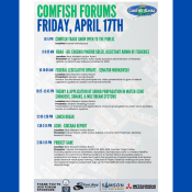 Event flyer for ComFish Forums on Friday, April 17th, listing a schedule of forum topics, speakers, and times, with logos and sponsors at the bottom and a blue and green color theme.