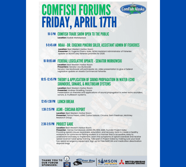 Event flyer for ComFish Forums on Friday, April 17th, listing a schedule of forum topics, speakers, and times, with logos and sponsors at the bottom and a blue and green color theme.