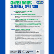 Event schedule poster for ComFish Forums on Saturday, April 18th. Lists times and topics for panel discussions, legislative updates, seafood industry services, and a reception. Includes sponsor logos at the bottom.