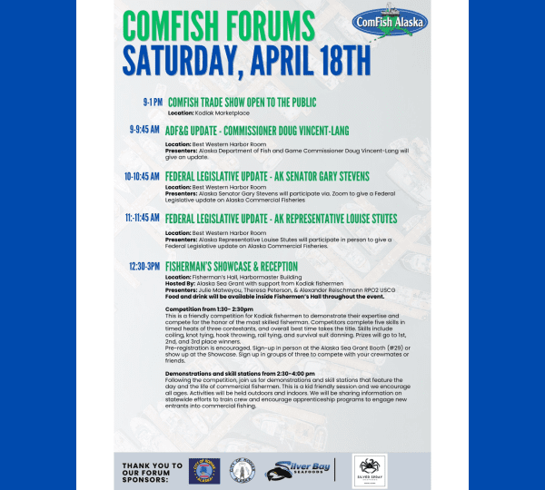 Event schedule poster for ComFish Forums on Saturday, April 18th. Lists times and topics for panel discussions, legislative updates, seafood industry services, and a reception. Includes sponsor logos at the bottom.