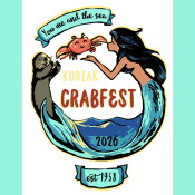 Colorful illustration for “Kodiak Crabfest 2026”; features a smiling crab held by a mermaid and an otter, waves below, and banners reading “You, me and the sea,” “2026,” and “est. 1958.”