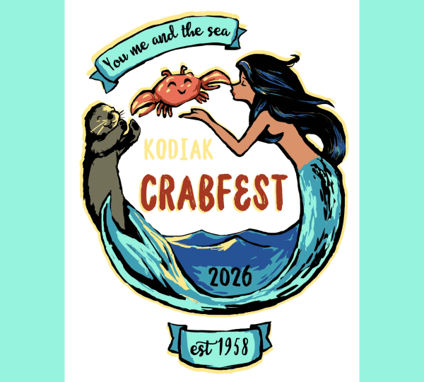 Colorful illustration for “Kodiak Crabfest 2026”; features a smiling crab held by a mermaid and an otter, waves below, and banners reading “You, me and the sea,” “2026,” and “est. 1958.”