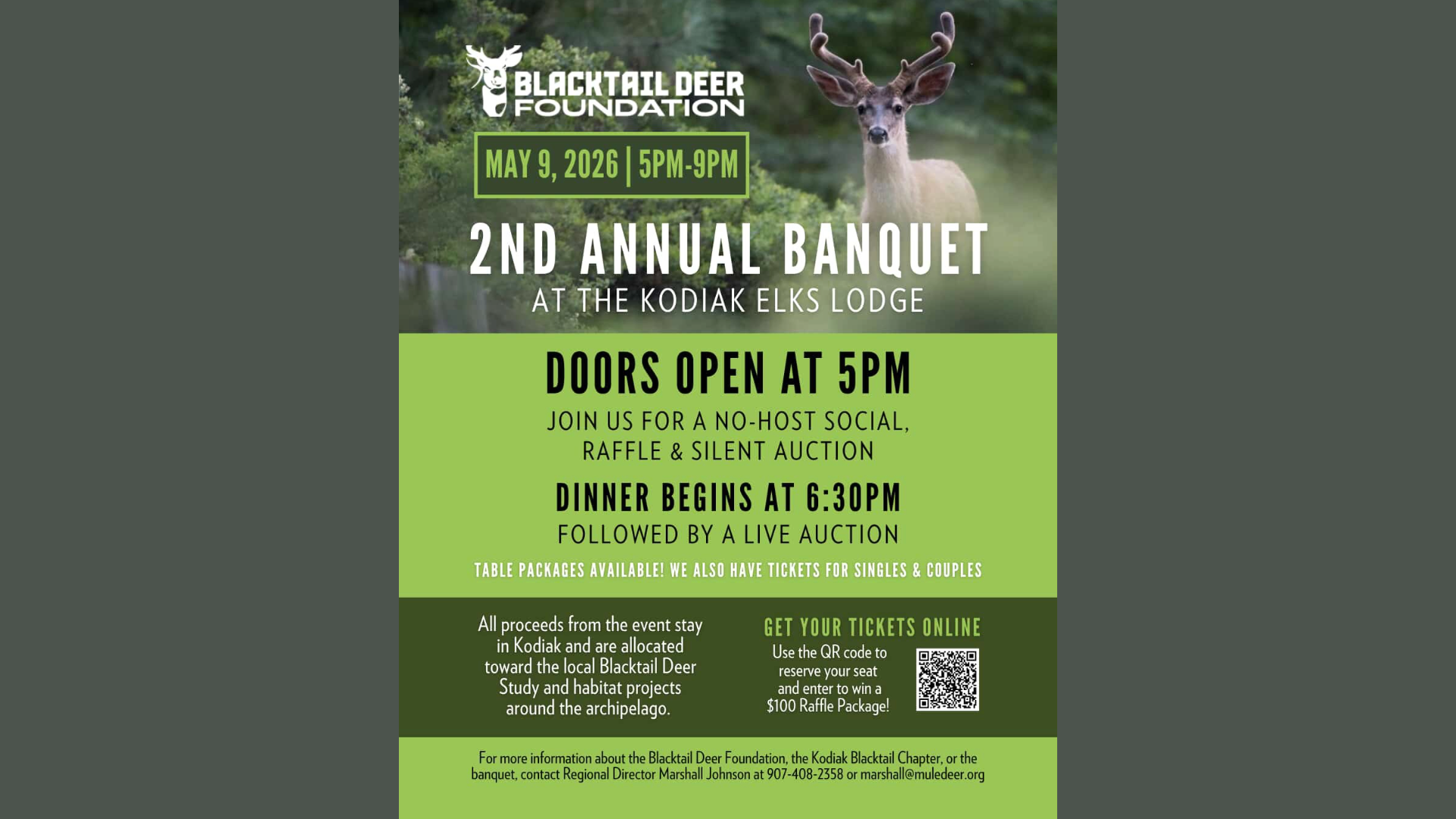 A flyer for the Blacktail Deer Foundation’s 2nd Annual Banquet with a deer in the background. Event details include May 9, 2026, 5-9pm, at Kodiak Elks Lodge, with tickets, dinner, raffles, and auctions.