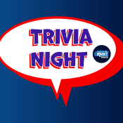 A speech bubble with TRIVIA NIGHT in bold, colorful letters on a blue gradient background. A small circular logo with KMKT KODIAK is on the right side of the bubble.