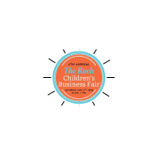 A circular logo for the 4th Annual The Rock Childrens Business Fair, with orange and teal colors, event date, and time displayed in the center, surrounded by simple black lines on a white background.