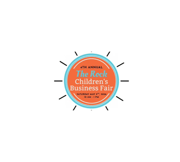 A circular logo for the 4th Annual The Rock Childrens Business Fair, with orange and teal colors, event date, and time displayed in the center, surrounded by simple black lines on a white background.