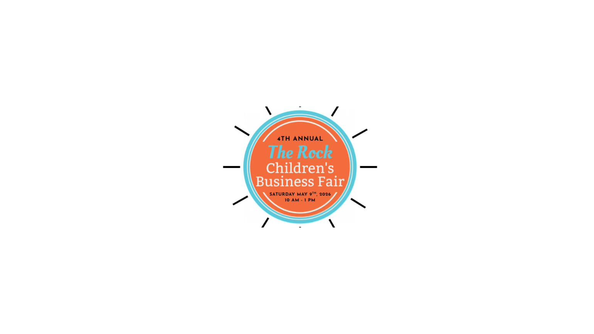 A circular logo for the 4th Annual The Rock Childrens Business Fair, with orange and teal colors, event date, and time displayed in the center, surrounded by simple black lines on a white background.