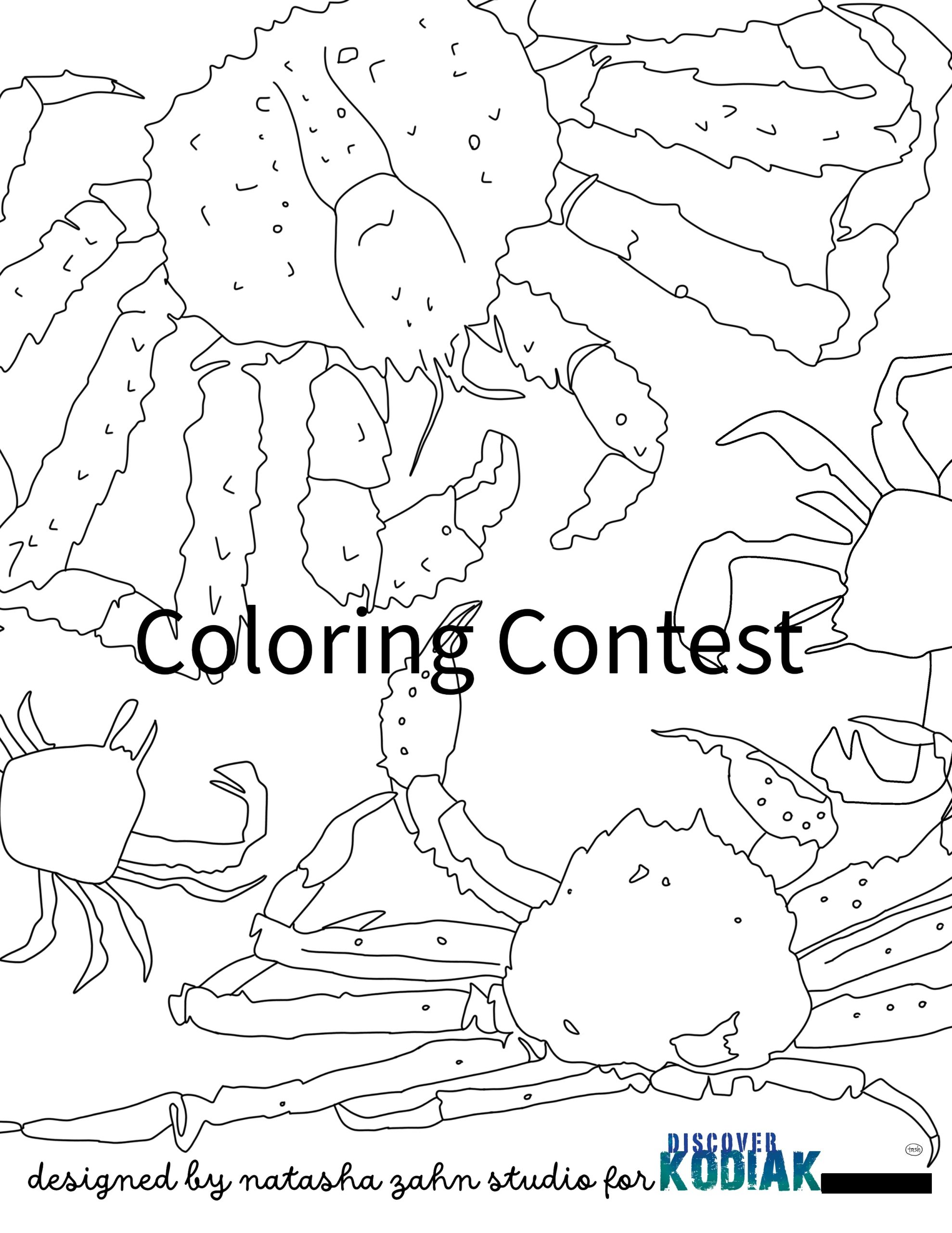 Black-and-white line drawing of three crabs with detailed legs and claws, arranged around the text Coloring Contest. The bottom features logos and the credit designed by natasha zahn studio for Discover Kodiak.