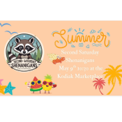 Peach flyer for Second Saturday Shenanigans at Kodiak Marketplace on May 9th, 10:30. Features a raccoon logo, beach-themed graphics, palm trees, starfish, and cartoon fruit with sunglasses for a family-friendly marketplace event and interactive fun.