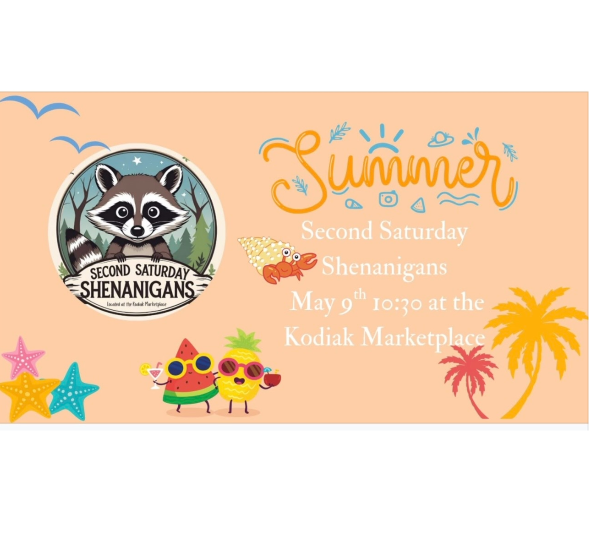 Peach flyer for Second Saturday Shenanigans at Kodiak Marketplace on May 9th, 10:30. Features a raccoon logo, beach-themed graphics, palm trees, starfish, and cartoon fruit with sunglasses for a family-friendly marketplace event and interactive fun.