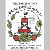 Hand-drawn poster for Kodiak Farmers Market in Kodiak, Alaska, featuring a red lighthouse with a rooster on top, surrounded by lettuce, tomatoes, and radishes. Market held Saturdays 10AM-1PM at Kodiak Baptist Mission.