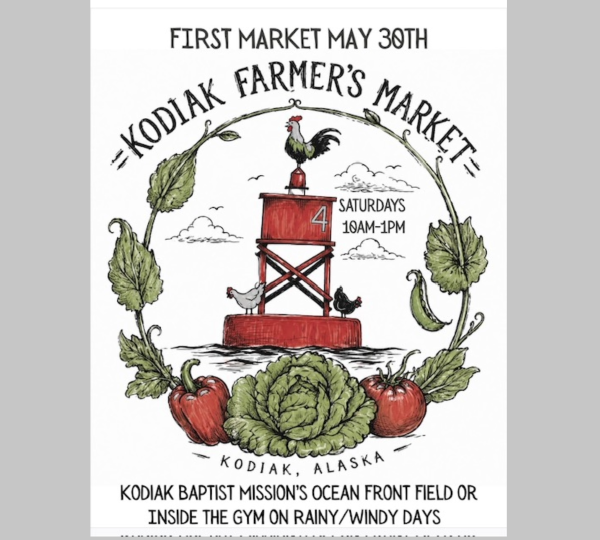 Hand-drawn poster for Kodiak Farmers Market in Kodiak, Alaska, featuring a red lighthouse with a rooster on top, surrounded by lettuce, tomatoes, and radishes. Market held Saturdays 10AM-1PM at Kodiak Baptist Mission.