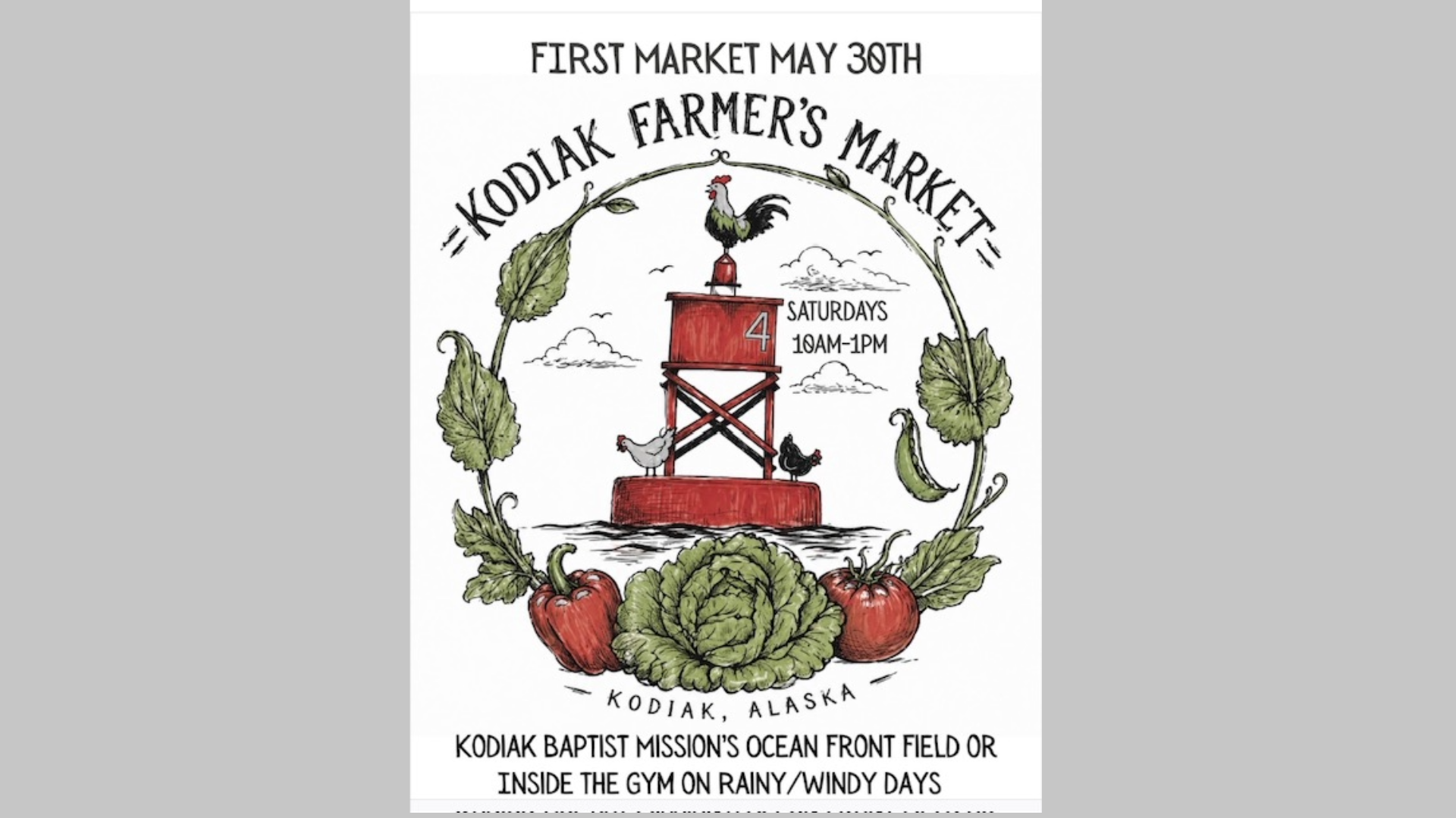 Hand-drawn poster for Kodiak Farmers Market in Kodiak, Alaska, featuring a red lighthouse with a rooster on top, surrounded by lettuce, tomatoes, and radishes. Market held Saturdays 10AM-1PM at Kodiak Baptist Mission.