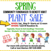 Flyer with yellow border advertising a spring plant sale fundraiser for KMXT, held Sat, May 9 at 1223 W Kouskov St. Includes details about plants for sale, contact info, and cartoon people with plants.