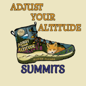Illustration of a hiking boot with ADJUST YOUR ALTITUDE written on it, a fox peeking out, mountains, flowers, and KODIAK, ALASKA on the sole. Above, text reads ADJUST YOUR ALTITUDE, below is SUMMITS.