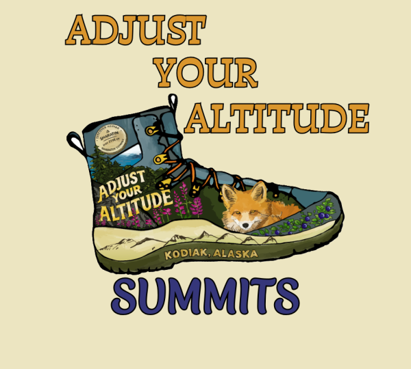 Illustration of a hiking boot with ADJUST YOUR ALTITUDE written on it, a fox peeking out, mountains, flowers, and KODIAK, ALASKA on the sole. Above, text reads ADJUST YOUR ALTITUDE, below is SUMMITS.