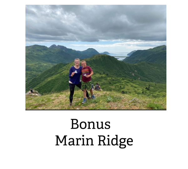 Two people smiling and standing on a green mountain ridge, with rolling hills, cloudy skies, and a distant body of water in the background. Text below the image reads, Adjust Your Altitude Summits Challenge: Bonus Marin Ridge.
