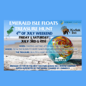 Emerald Isle Floats Treasure Hunt flyer featuring a vibrant glass float, with details for July 3rd-4th. Celebrate the 4th of July weekend at Kodiak Emerald Isle Floats Treasure Hunt, hosted by Kodiak Inn and Compass Suites, supported by the Chamber.