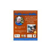 Event poster for Putin on a Muttin book signing with author Suzy Spackman. Features authors photo, an illustrated dog and lamb, event details July 13, 1:30 pm, and sponsors’ logos. Text is on an orange background.