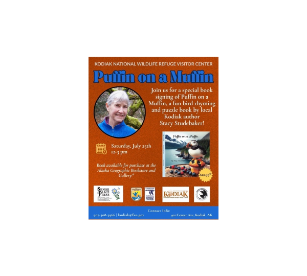Event poster for Putin on a Muttin book signing with author Suzy Spackman. Features authors photo, an illustrated dog and lamb, event details July 13, 1:30 pm, and sponsors’ logos. Text is on an orange background.