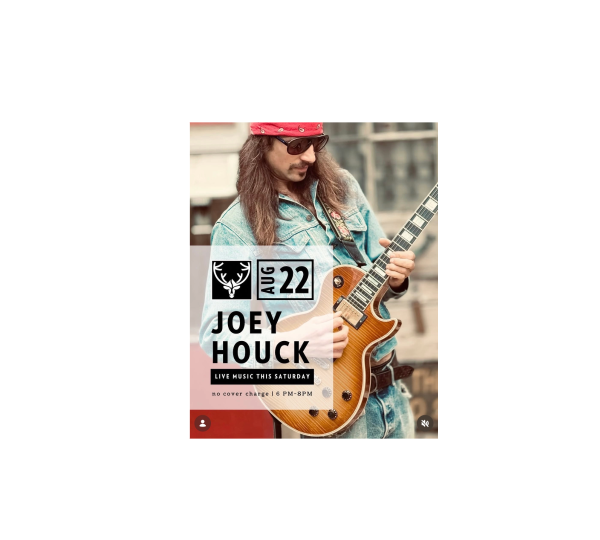 A man with long hair, sunglasses, and a red bandana plays an electric guitar. Text reads: June 22 Joey Houck. Live Music This Saturday. 8 PM. The background is blurred.
