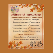 Beartown Fall Market Schedule flyer with autumn leaves border, event dates and times listed, bear paw prints at the bottom, and event location at the Kodiak Marketplace. Background is light orange with fall-themed design elements.