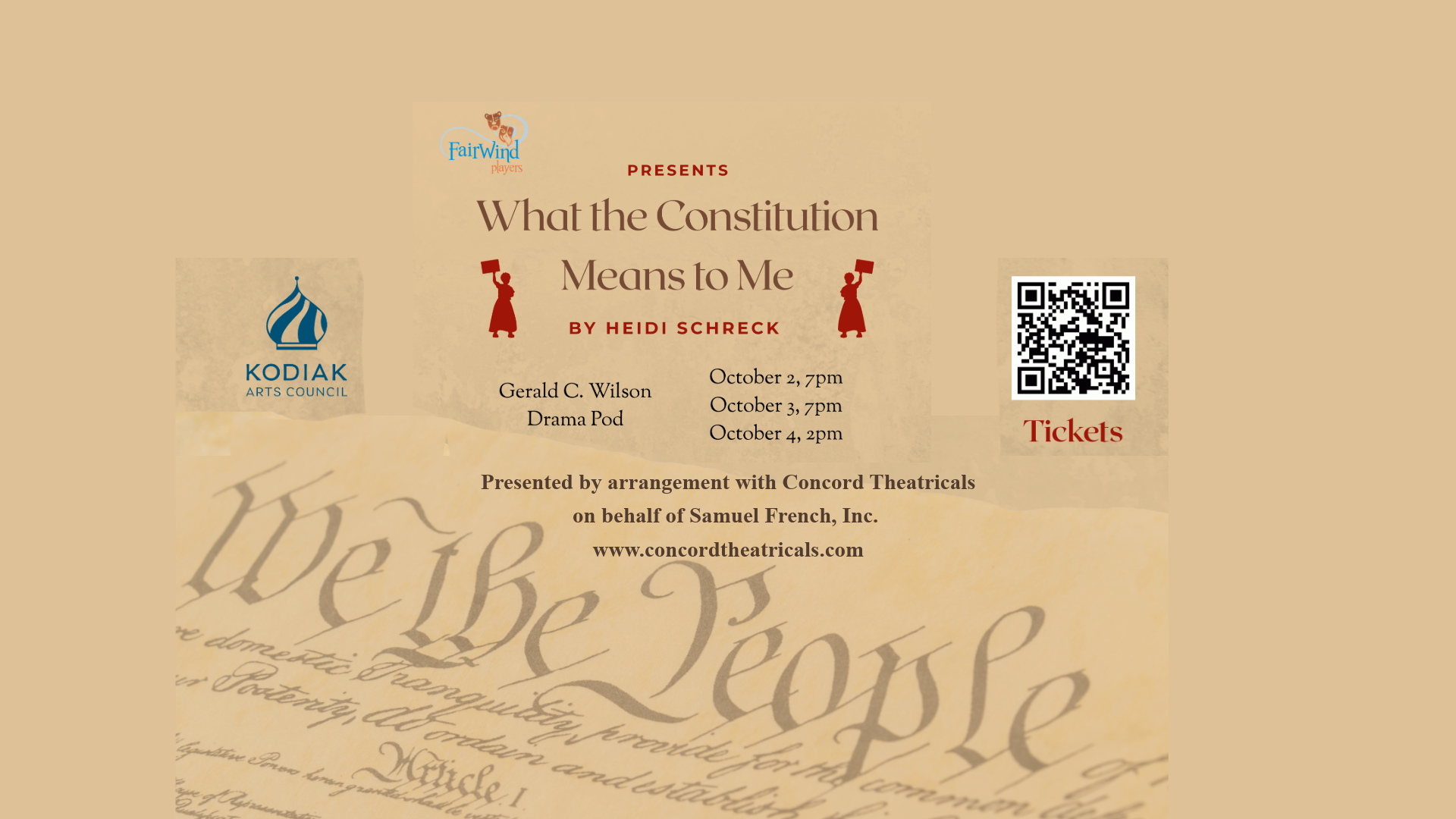 Event poster for What the Constitution Means to Me by Heidi Schreck, October 7 7pm 8 2pm, 7pm at Gerald C. Wilson Drama Pod. Features sponsors, QR code for tickets, and background with We the People text.